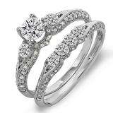 1.45 Carat (ctw) 10k White Gold Round Diamond Ladies 3 Stone Bridal Engagement Ring Set With Matching Band
