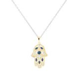 Round & Marquise Blue Sapphire & Round White Diamond Hamsa Hand of Fatima Pendant For Her | 18K Yellow Gold