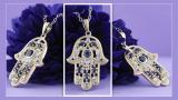 Round & Marquise Blue Sapphire & Round White Diamond Hamsa Hand of Fatima Pendant For Her | 18K Yellow Gold