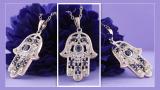 Round & Marquise Blue Sapphire & Round White Diamond Hamsa Hand of Fatima Pendant For Her | 18K Rose Gold