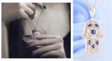 Round & Marquise Blue Sapphire & Round White Diamond Hamsa Hand of Fatima Pendant For Her | 18K Rose Gold