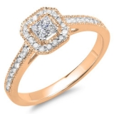 0.50 Carat (ctw) 10K Rose Gold Princess & Round Diamond Ladies Halo Style Bridal Engagement Ring 1/2 CT