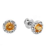 0.35 Carat (ctw) 14k White Gold Round Deep Yellow Citrine & Diamond Halo Stud Earrings