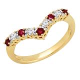 Round Ruby & 0.18 CT White Diamond Alternating Style Chevron Stackable Wedding Ring for Her in 14K Yellow Gold