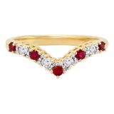 Round Ruby & 0.18 CT White Diamond Alternating Style Chevron Stackable Wedding Ring for Her in 14K Yellow Gold