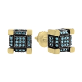 Round Blue Diamond Cube Cluster Unisex Miligrain Earrings in 10K Yellow Gold in Screw Back