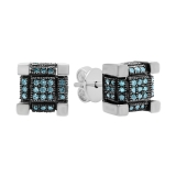 Round Blue Diamond Cube Cluster Unisex Miligrain Earrings in 925 Sterling Silver in Push Back