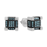 Round Blue Diamond Cube Cluster Unisex Miligrain Earrings in 925 Sterling Silver in Screw Back