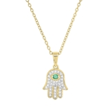 2mm Round Natural Emerald & White Diamond Traditional Hamsa Hand Pendant with 18 inch Gold Chain for Her in 18K Yellow Gold