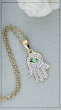 2mm Round Natural Emerald & White Diamond Traditional Hamsa Hand Pendant with 18 inch Gold Chain for Her in 18K Yellow Gold