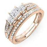 1.00 Carat (ctw) 10k Rose Gold Princess Cut 3 Stone Diamond Ladies Engagement Bridal Ring Set Matching Band 1 CT