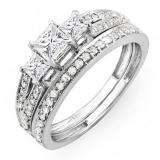1.00 Carat (ctw) 10k White Gold Princess Cut 3 Stone Diamond Ladies Engagement Bridal Ring Set Matching Band 1 CT