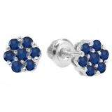 0.40 Carat (ctw) 14K White Gold Round Cut Blue Sapphire Ladies Cluster Flower Stud Earrings