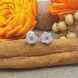 0.40 Carat (ctw) 10K White Gold Round Cut White Diamond & Pink Sapphire Ladies Cluster Flower Stud Earrings