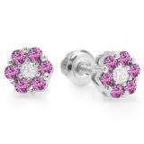 0.40 Carat (ctw) 14K White Gold Round Cut White Diamond & Pink Sapphire Ladies Cluster Flower Stud Earrings