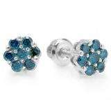 0.40 Carat (ctw) 18K White Gold Round Cut Blue Diamond Ladies Cluster Flower Stud Earrings
