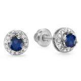 0.45 Carat (ctw) 14K White Gold Round Blue Sapphire & White Diamond Ladies Halo Style Stud Earrings 1/2 CT