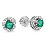 0.45 Carat (ctw) 18K White Gold Round Green Emerald & White Diamond Ladies Halo Style Stud Earrings 1/2 CT