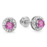0.45 Carat (ctw) 14K White Gold Round Pink Sapphire & White Diamond Ladies Halo Style Stud Earrings 1/2 CT