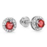 0.45 Carat (ctw) 14K White Gold Round Ruby & White Diamond Ladies Halo Style Stud Earrings 1/2 CT
