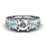 2.00 Carat (ctw) 14K White Gold Round Aquamarine & Diamond Ladies 3 Stone Engagement Bridal Ring 2 CT