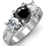 2.00 Carat (ctw) 10K White Gold Round Black & White Diamond Ladies 3 Stone Engagement Bridal Ring 2 CT