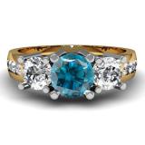 2.00 Carat (ctw) 10K Yellow Gold Round Blue & White Diamond Ladies 3 Stone Engagement Bridal Ring 2 CT