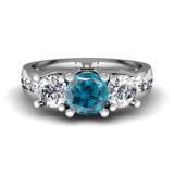 2.00 Carat (ctw) 14K White Gold Round Blue & White Diamond Ladies 3 Stone Engagement Bridal Ring 2 CT
