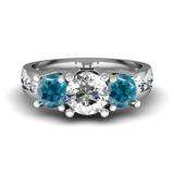 2.00 Carat (ctw) 14K White Gold Round Blue & White Diamond Ladies 3 Stone Engagement Bridal Ring 2 CT
