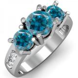 2.00 Carat (ctw) 10K White Gold Round Blue & White Diamond Ladies 3 Stone Engagement Bridal Ring 2 CT
