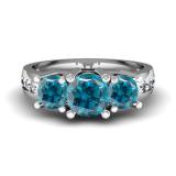 2.00 Carat (ctw) 10K White Gold Round Blue & White Diamond Ladies 3 Stone Engagement Bridal Ring 2 CT