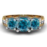2.00 Carat (ctw) 10K Yellow Gold Round Blue & White Diamond Ladies 3 Stone Engagement Bridal Ring 2 CT