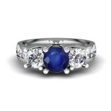 2.00 Carat (ctw) 10K White Gold Round Blue Sapphire & White Diamond Ladies 3 Stone Engagement Bridal Ring 2 CT