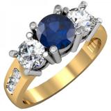 2.00 Carat (ctw) 14K Yellow Gold Round Blue Sapphire & White Diamond Ladies 3 Stone Engagement Bridal Ring 2 CT