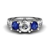 2.00 Carat (ctw) 18K White Gold Round Blue Sapphire & White Diamond Ladies 3 Stone Engagement Bridal Ring 2 CT