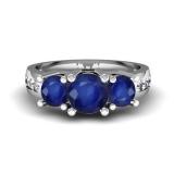 2.00 Carat (ctw) 14K White Gold Round Blue Sapphire & White Diamond Ladies 3 Stone Engagement Bridal Ring 2 CT