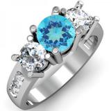 2.00 Carat (ctw) 14K White Gold Round Blue Topaz & White Diamond Ladies 3 Stone Engagement Bridal Ring 2 CT