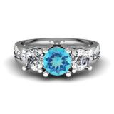 2.00 Carat (ctw) 14K White Gold Round Blue Topaz & White Diamond Ladies 3 Stone Engagement Bridal Ring 2 CT