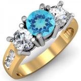2.00 Carat (ctw) 14K Yellow Gold Round Blue Topaz & White Diamond Ladies 3 Stone Engagement Bridal Ring 2 CT