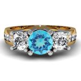 2.00 Carat (ctw) 14K Yellow Gold Round Blue Topaz & White Diamond Ladies 3 Stone Engagement Bridal Ring 2 CT