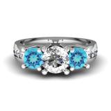2.00 Carat (ctw) 14K White Gold Round Blue Topaz & White Diamond Ladies 3 Stone Engagement Bridal Ring 2 CT