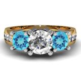 2.00 Carat (ctw) 14K Yellow Gold Round Blue Topaz & White Diamond Ladies 3 Stone Engagement Bridal Ring 2 CT