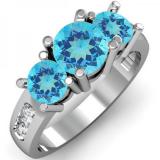 2.00 Carat (ctw) 14K White Gold Round Blue Topaz & White Diamond Ladies 3 Stone Engagement Bridal Ring 2 CT