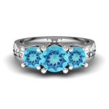 2.00 Carat (ctw) 14K White Gold Round Blue Topaz & White Diamond Ladies 3 Stone Engagement Bridal Ring 2 CT