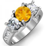 2.00 Carat (ctw) 14K White Gold Round Citrine & White Diamond Ladies 3 Stone Engagement Bridal Ring 2 CT