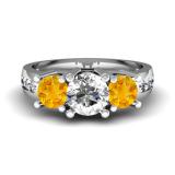 2.00 Carat (ctw) 14K White Gold Round Yellow Citrine & White Diamond Ladies 3 Stone Engagement Bridal Ring 2 CT