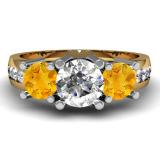 2.00 Carat (ctw) 14K Yellow Gold Round Yellow Citrine & White Diamond Ladies 3 Stone Engagement Bridal Ring 2 CT