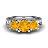 2.00 Carat (ctw) 10K White Gold Round Yellow Citrine & White Diamond Ladies 3 Stone Engagement Bridal Ring 2 CT