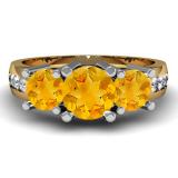 2.00 Carat (ctw) 14K Yellow Gold Round Yellow Citrine & White Diamond Ladies 3 Stone Engagement Bridal Ring 2 CT