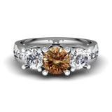 2.00 Carat (ctw) 10K White Gold Round Champagne & White Diamond Ladies 3 Stone Engagement Bridal Ring 2 CT